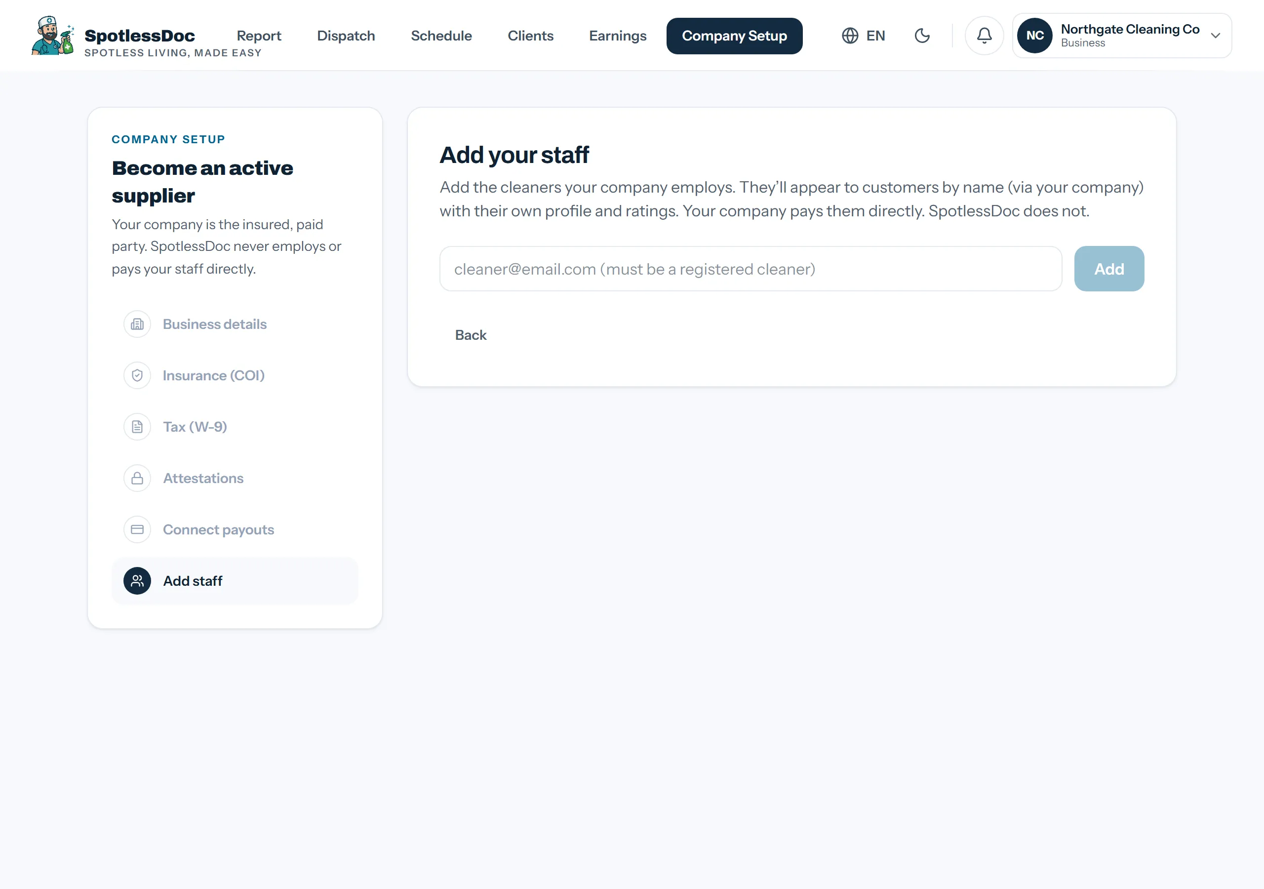 Company Setup: the Add staff step