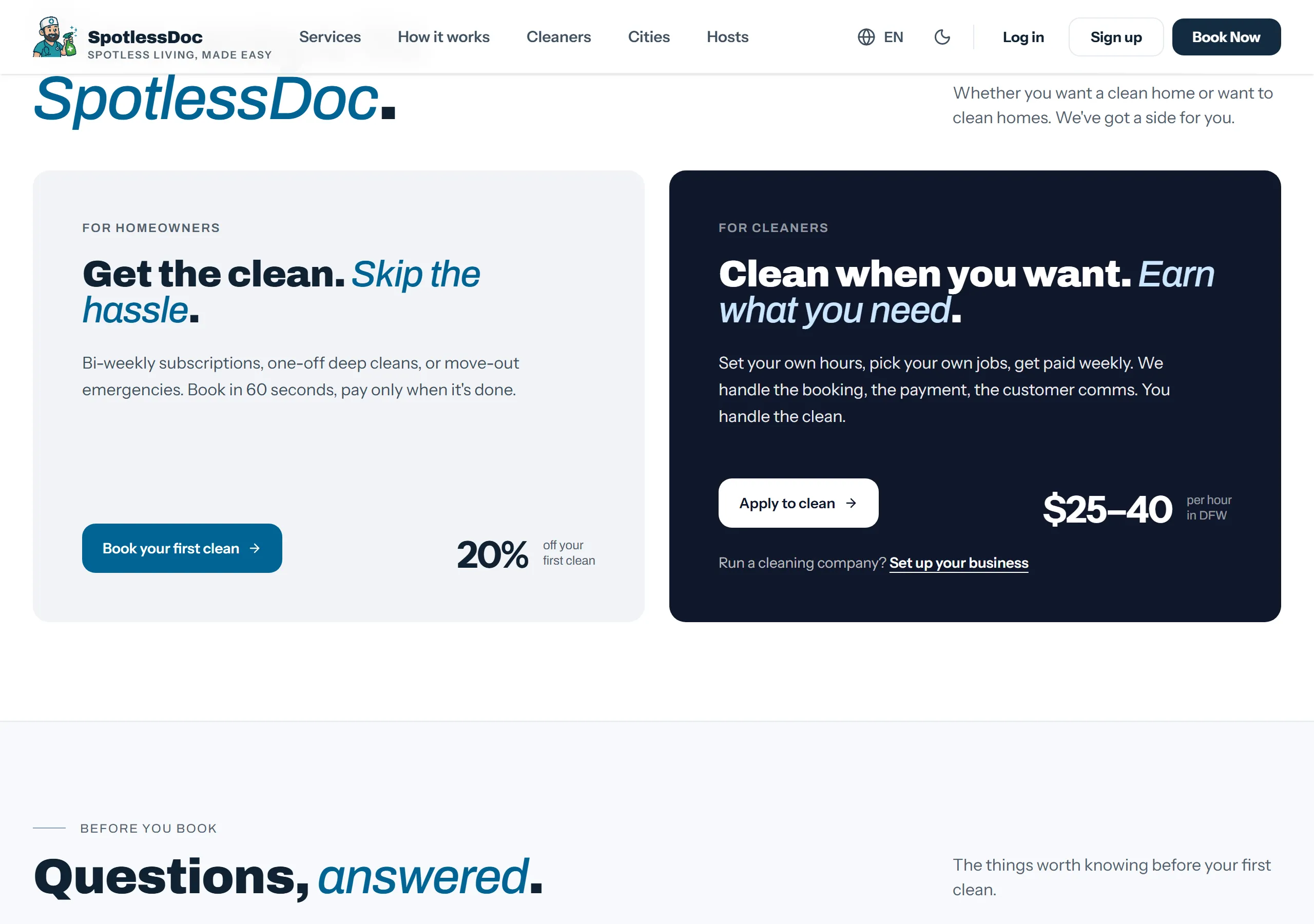 The For cleaners panel on the SpotlessDoc home page, with the Apply to clean button