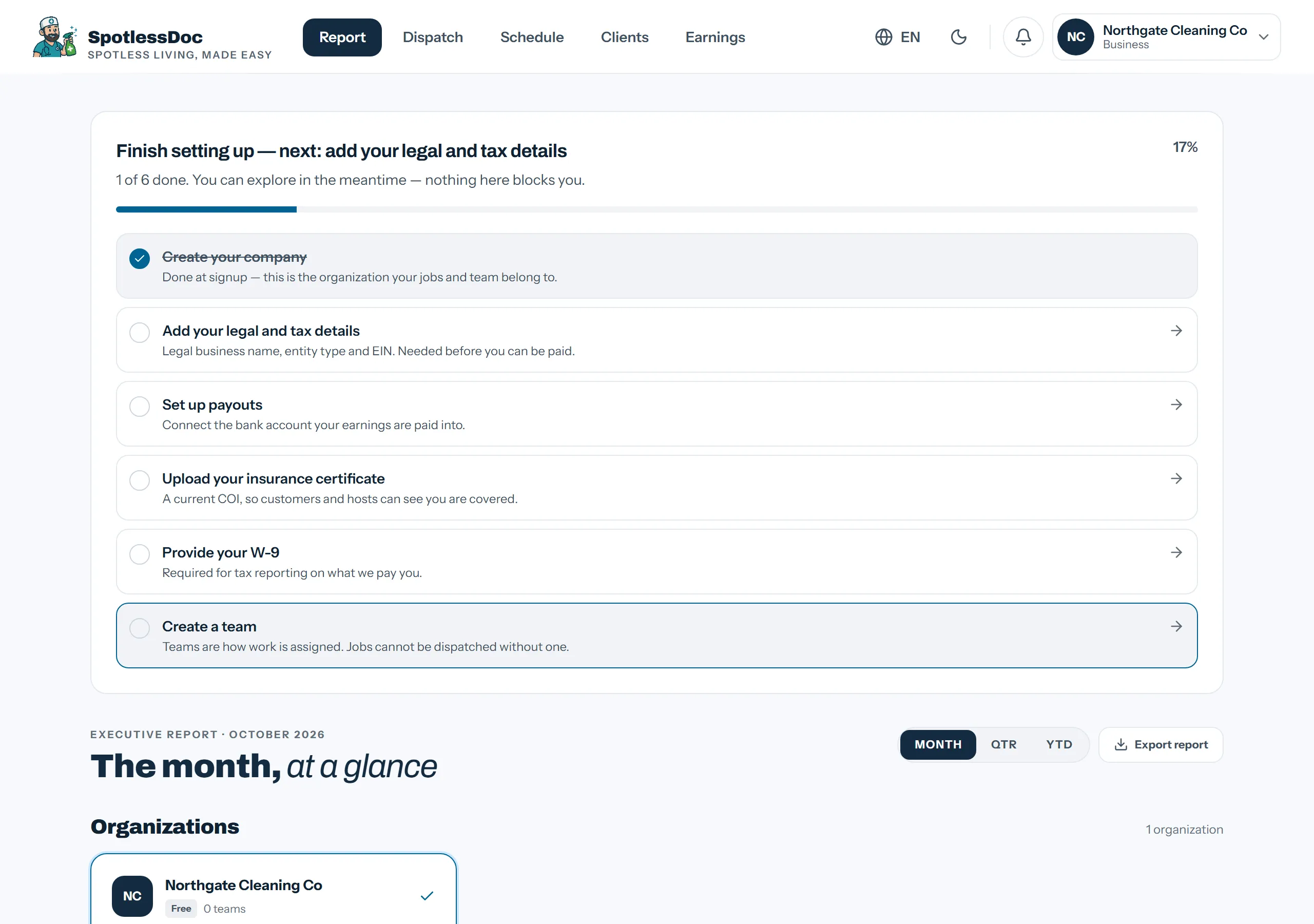 The business dashboard with the setup checklist at the top, showing 1 of 6 done