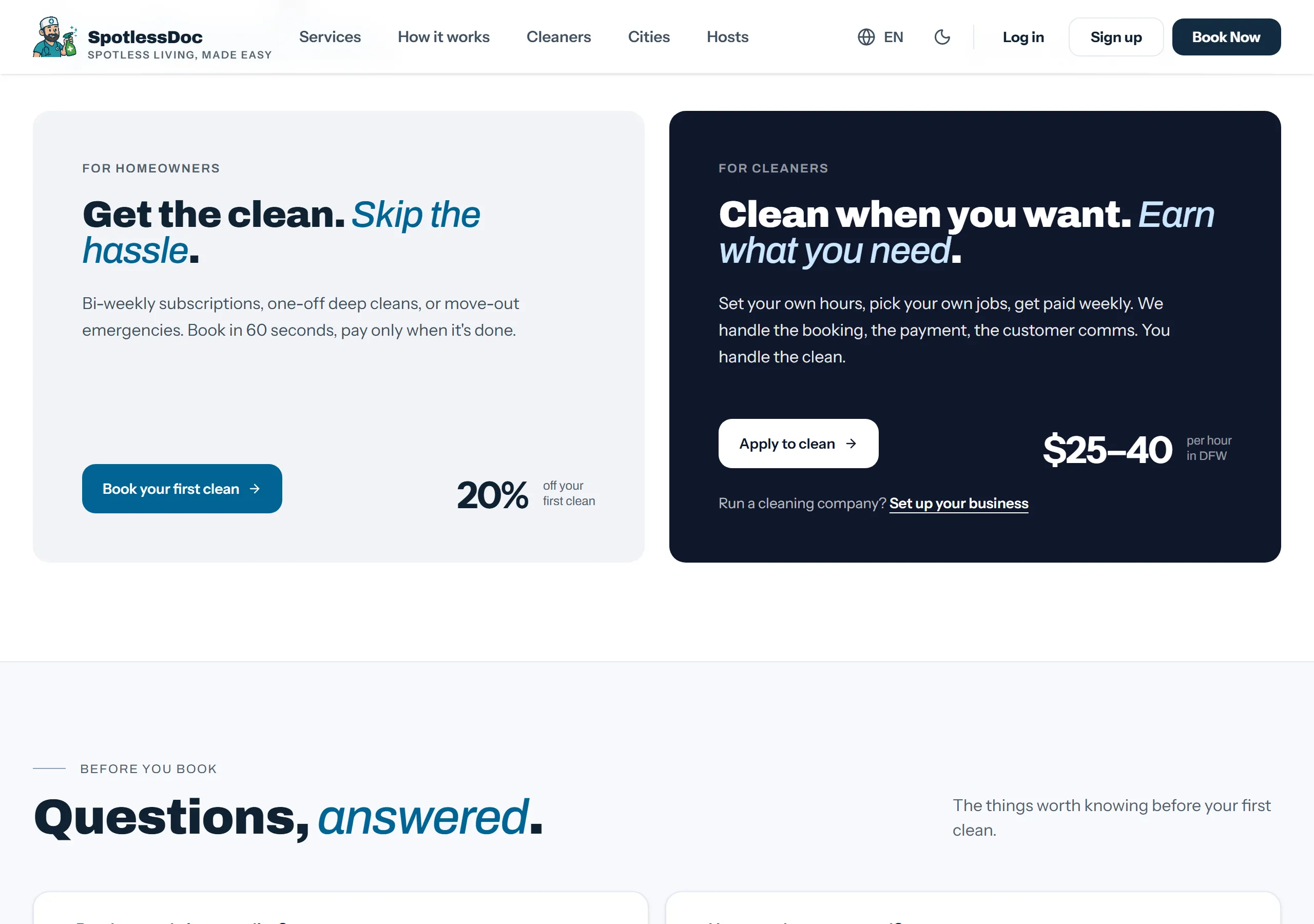 The SpotlessDoc home page panel, with the Set up your business link under the cleaner call to action