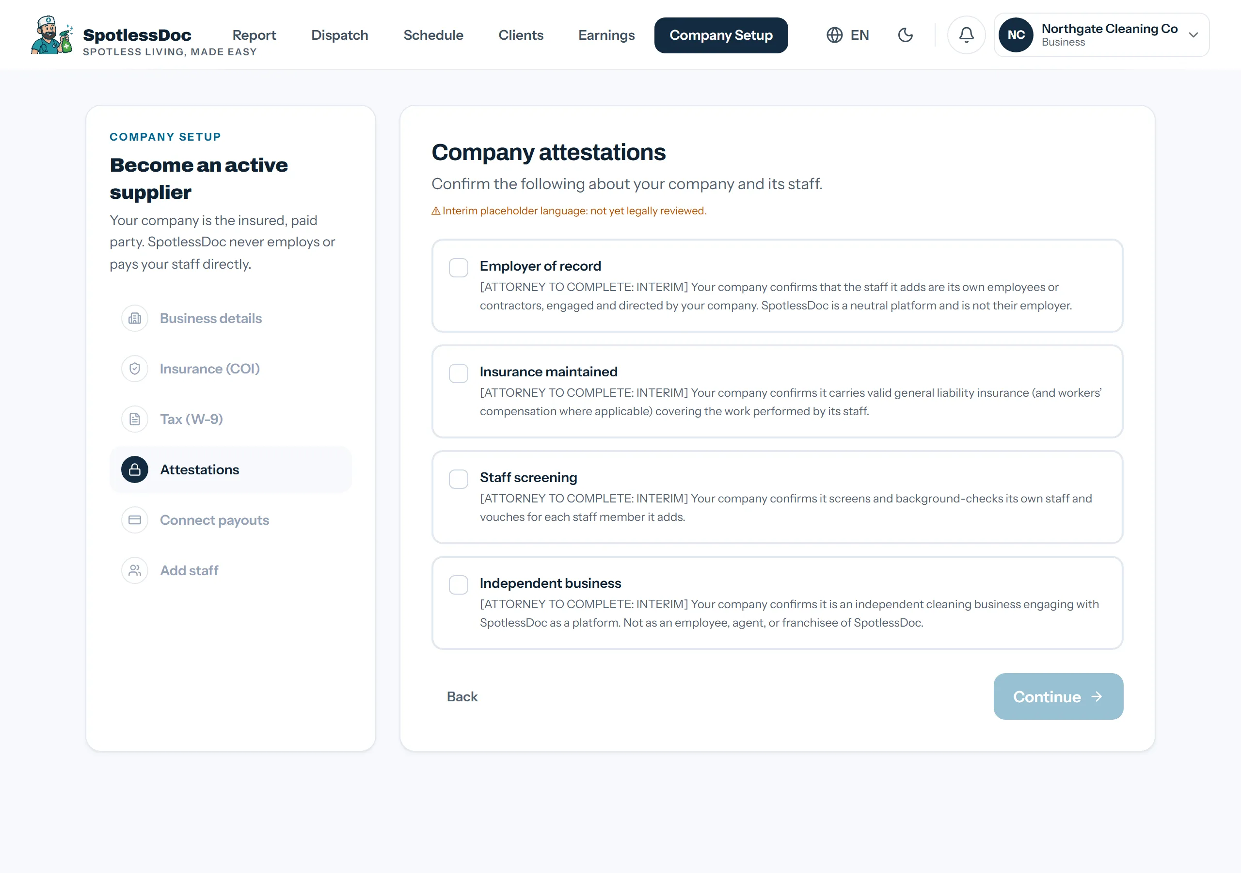 Company Setup: the insurance certificate step