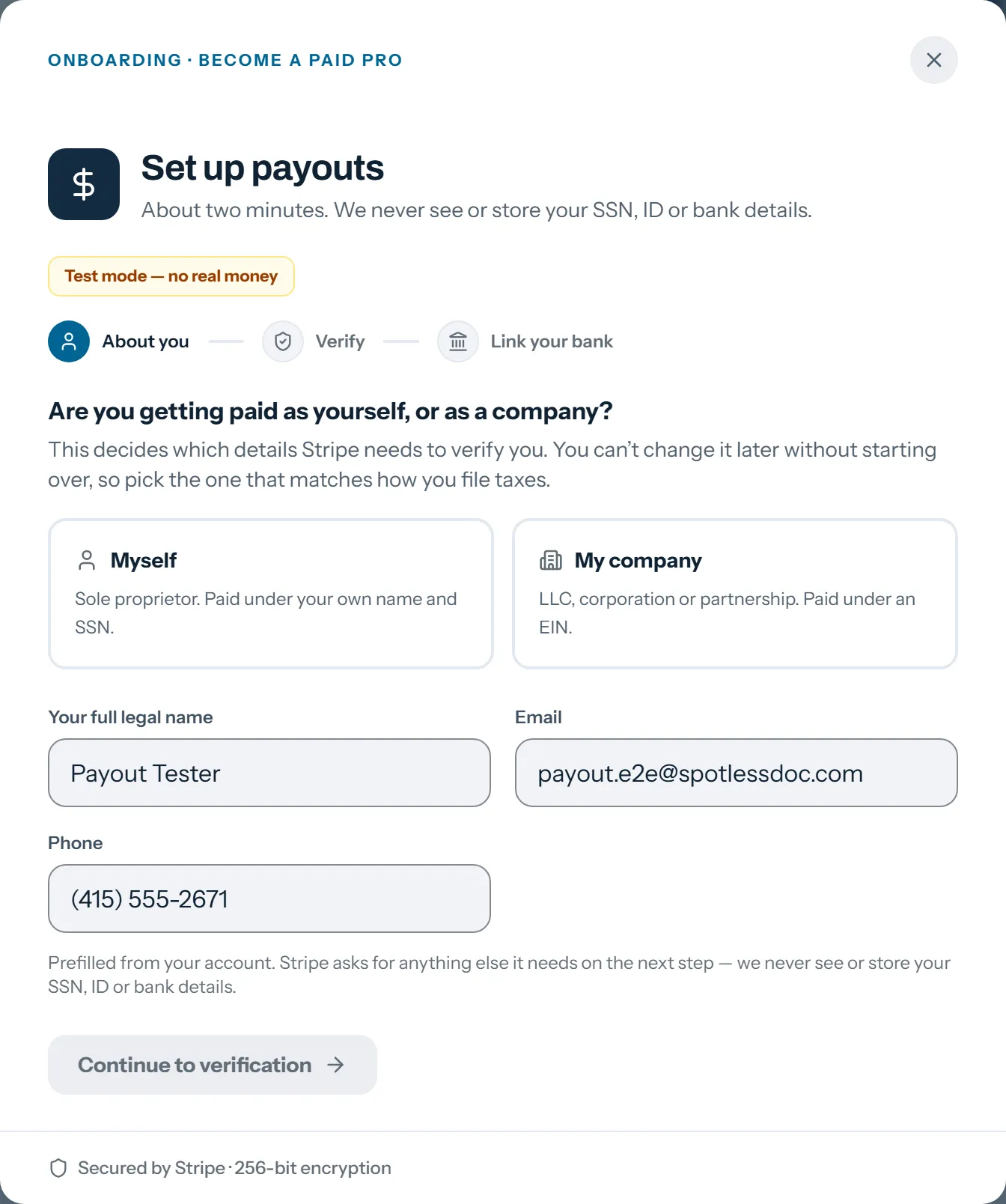 Set up payouts, step 1: paid as yourself or as a company, with name, email and phone already filled in
