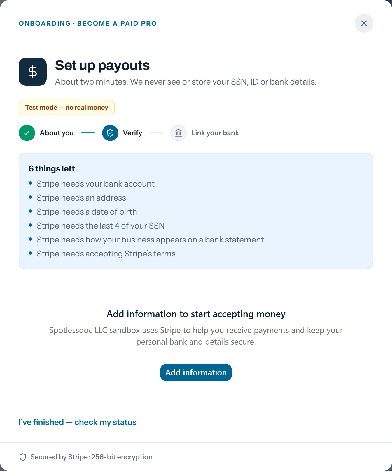 Set up payouts, step 2: a list of six things Stripe still needs, above Stripe's own secure form