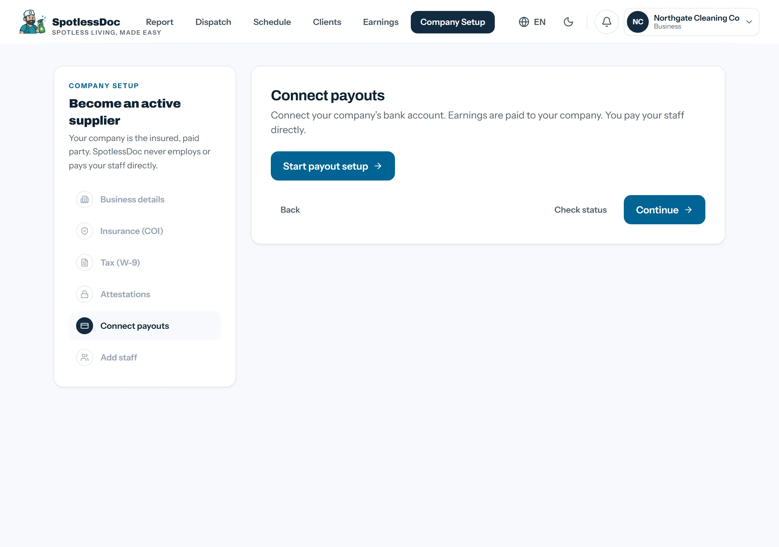 Company Setup: Connect payouts, with Start payout setup and Check status