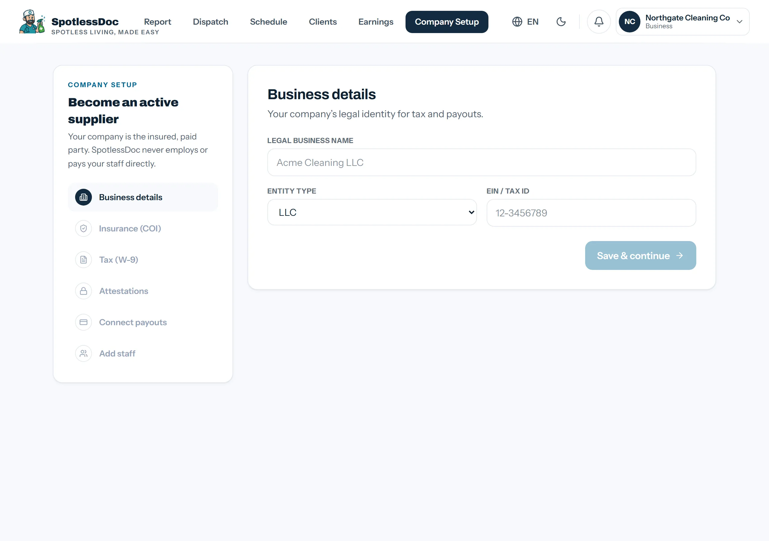 Company Setup, step 1: business details, with the six-step rail on the left