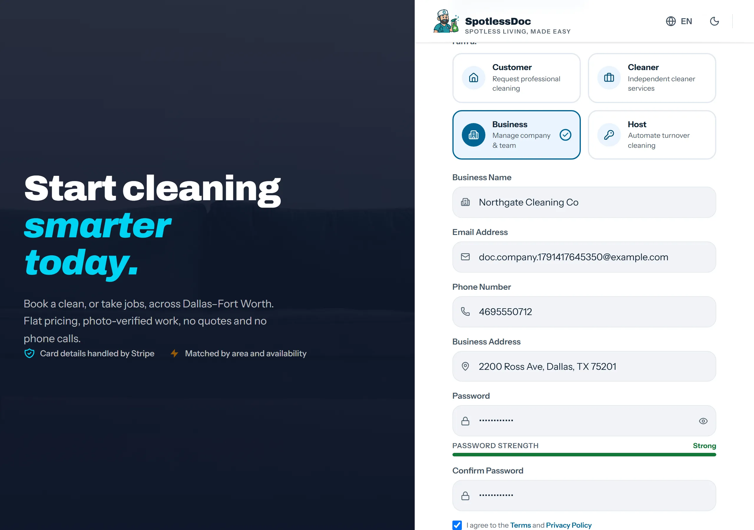 Company signup screen 1: business name, email, phone, business address and password