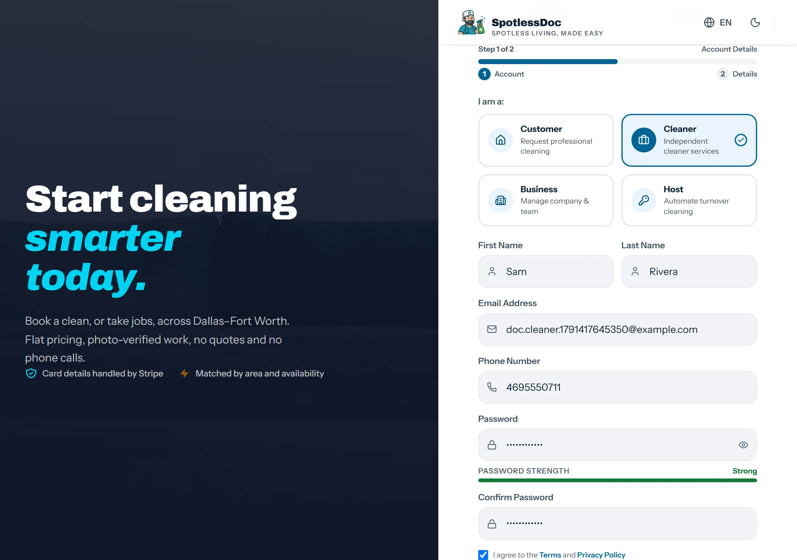 Signup screen 1: first name, last name, email, phone, password and the terms checkbox