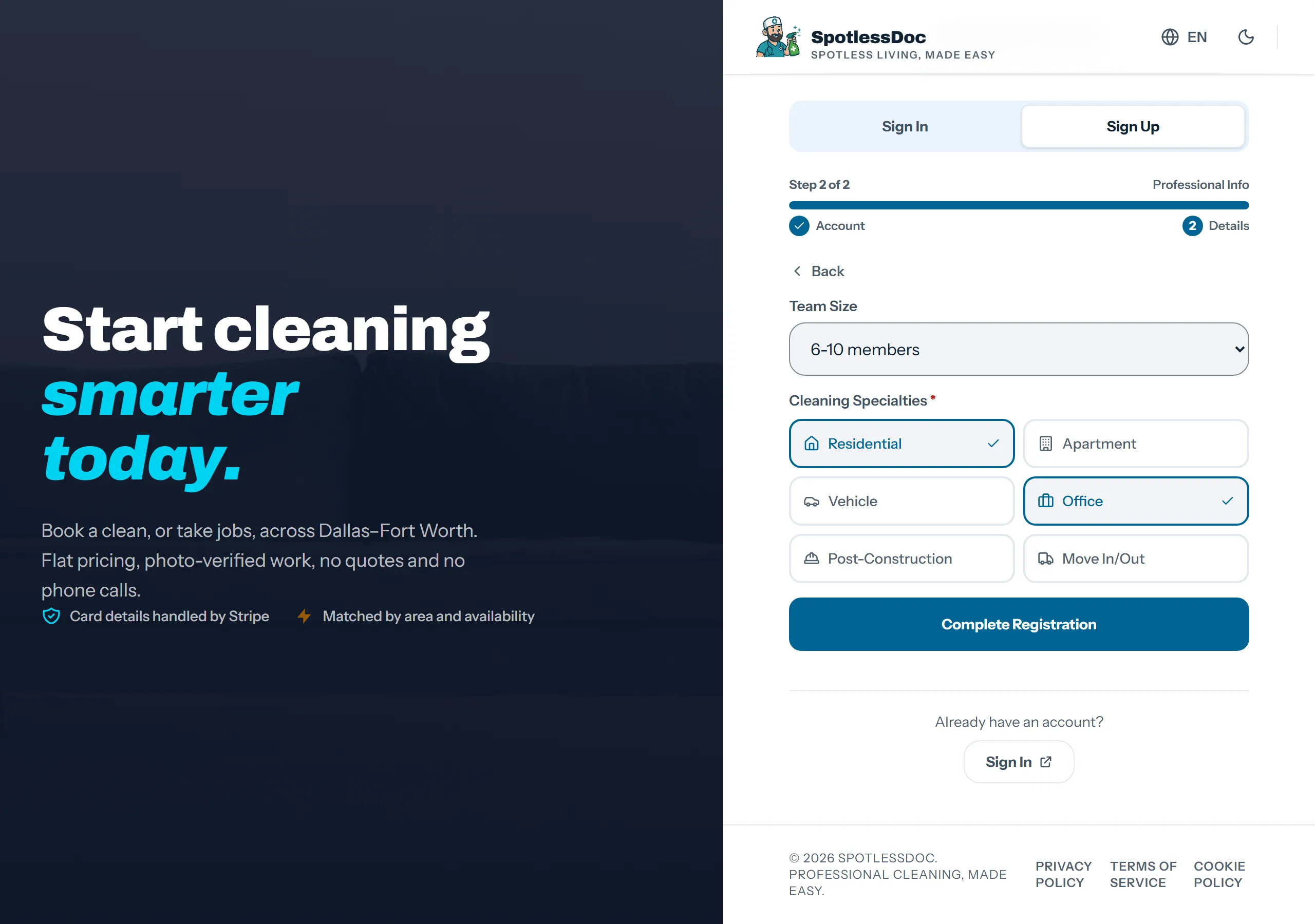 Company signup screen 2: team size and cleaning specialties