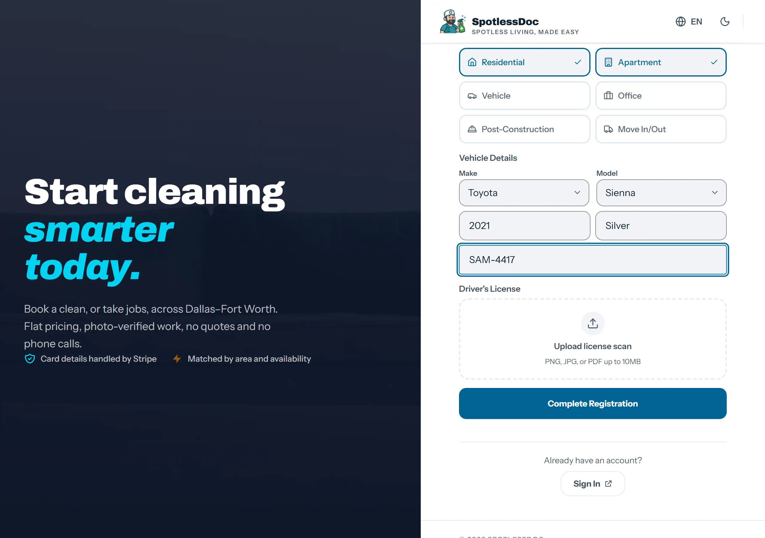 Signup screen 2: cleaning specialties as tiles, vehicle make, model, year, colour and plate, and a driving licence upload