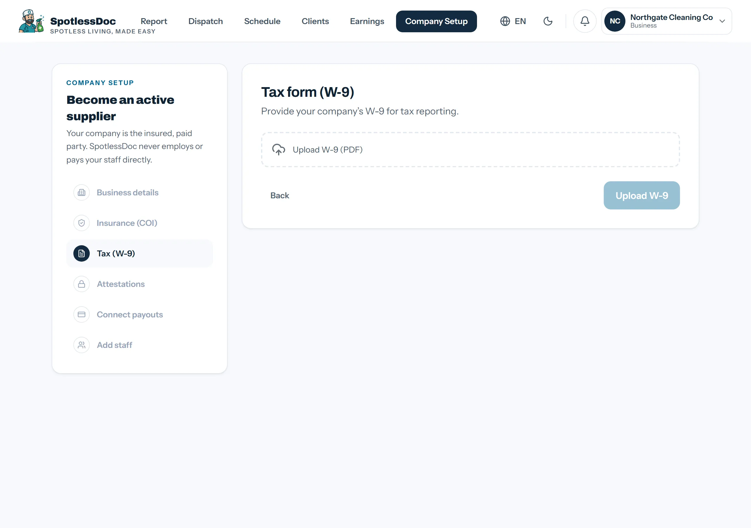 Company Setup: the W-9 upload step